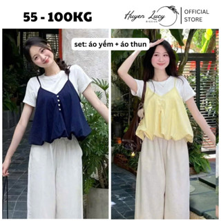 SET YẾM 2 DÂY DÁNG BÍ cúc dọc kèm áo thun trơn (Có bán Lẻ yếm) đi chơi đi học hot trend Huyền Lucy Bigsize