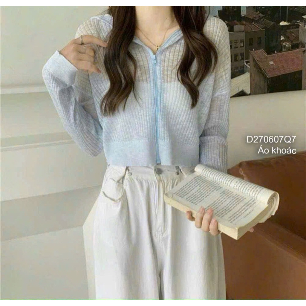 Áo khoác len mỏng khóa kéo có nón, áo khoác len nữ form croptop TMT HOUSE