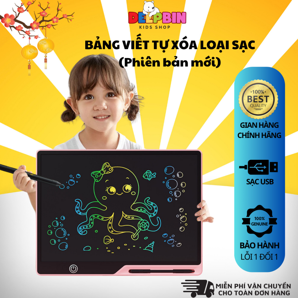 Bảng Viết Tự Xóa chính hãng DEEPBIN Màn Hình LCD Thông Minh Kích Thước Lớn Sạc Điện,Cho Bé Tập Viết, Tập Vẽ