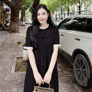Váy bầu công sở thiết kế dáng xuông nhún ren cổ đính nơ ngực