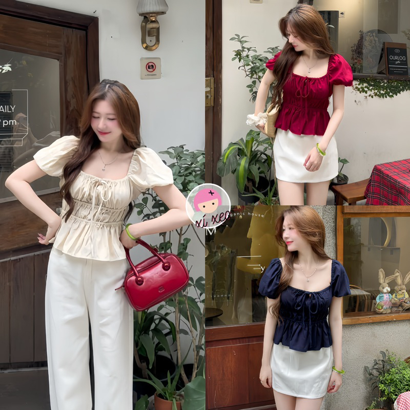 Áo babydoll linen xinh tay phồng - A29