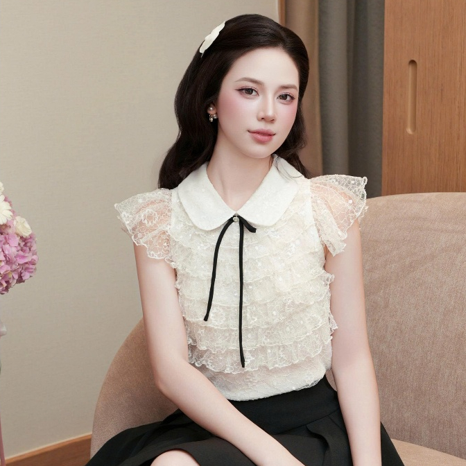 Áo nữ cổ sen ren kim sa chi tiết phối bèo điệu đà Merri Top - SWEETEA | BigBuy360 - bigbuy360.vn