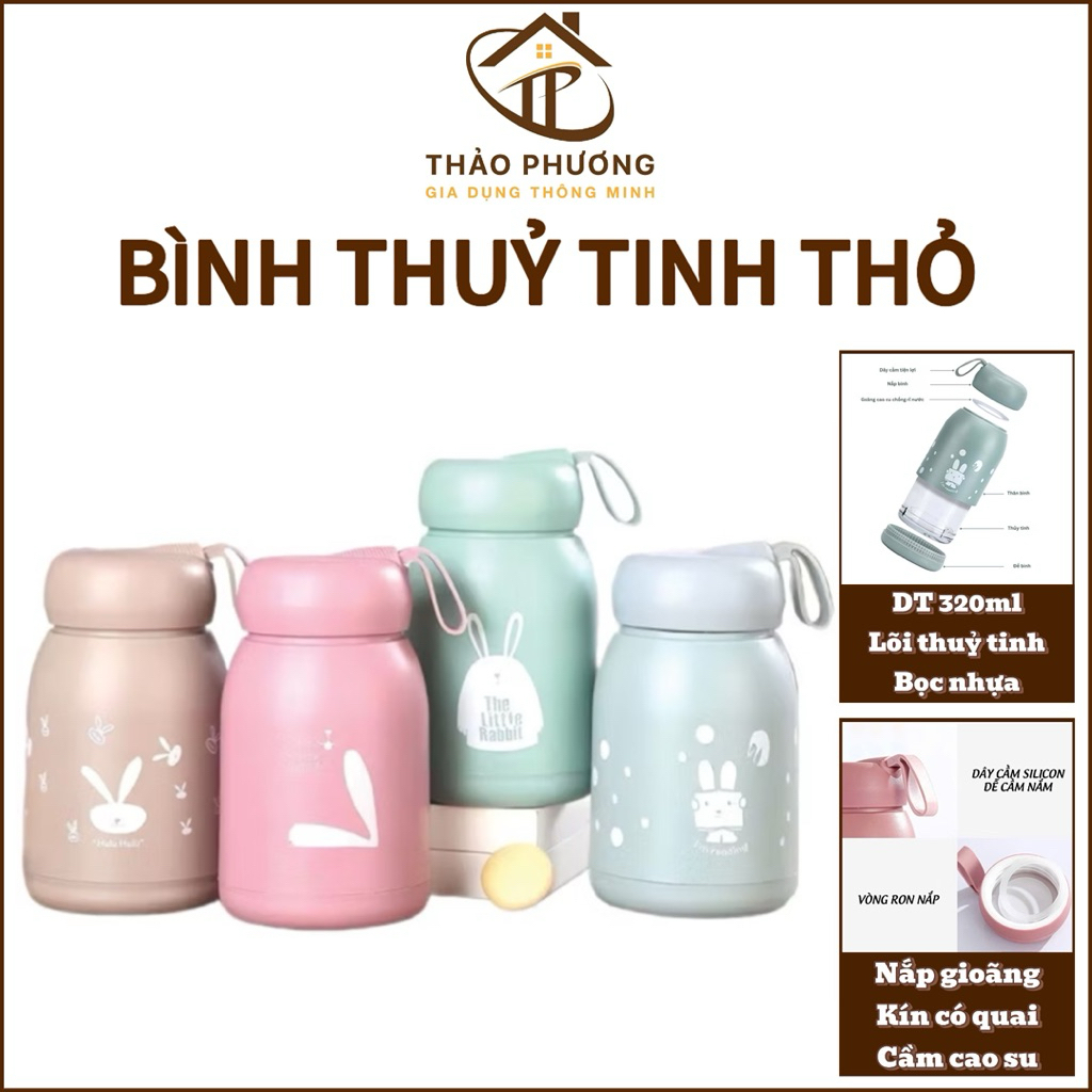 Bình Nước Lõi Thủy Tinh Bọc Nhựa 320ml, Bình Nước Trẻ Em - Chai Vỏ Nhựa Lõi…