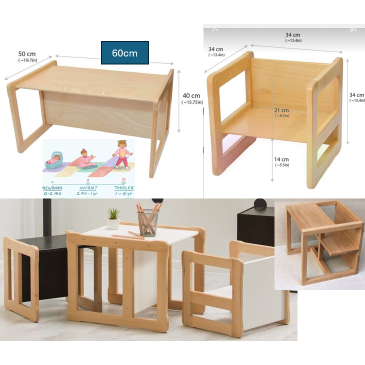 Toddler Wooden Chair Table Bàn Ghế Ăn Dặm Gỗ Rừng Trồng Nhiều Cỡ màu TEAK