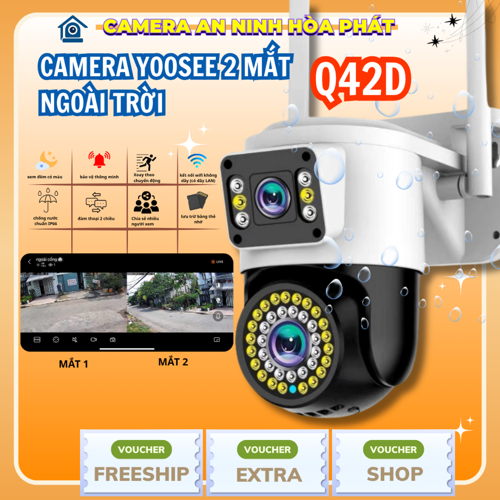 Camera Yoosee Q42D 2 Mắt Ngoài Trời Chống Nước - Xem Đêm Có Màu, Đàm Thoại 2 Chiều FHD