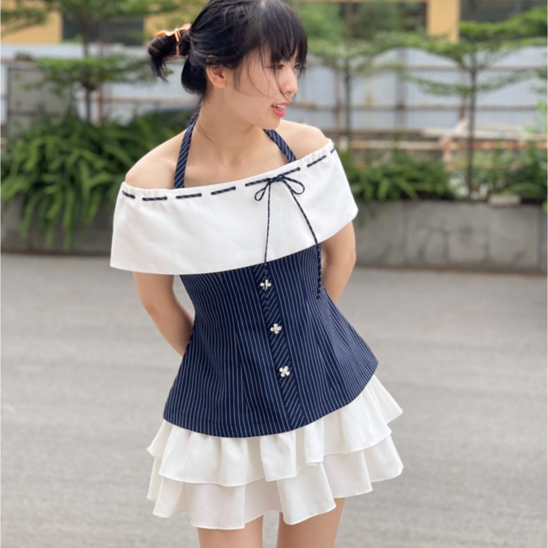 Áo Trễ Vai Kẻ Dây Nơ,Sét Đồ Nữ Thiết Kế Áo Bẹt Vai Chân Váy Xòe 2 Tầng Nơ Cạp,Sét Áo Váy Thiết Kế