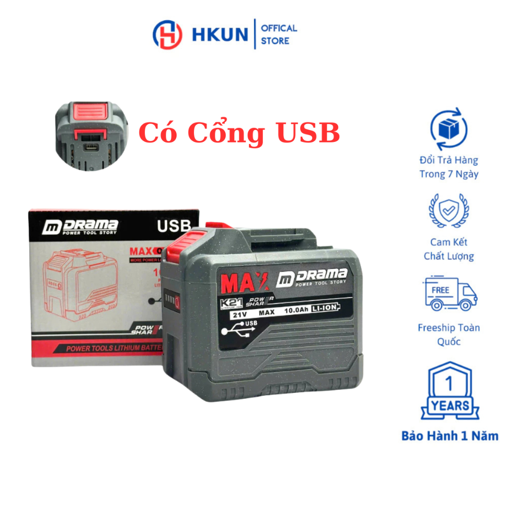Pin 20 Cell Drama 10Ah Mạch 4 Mosfet Có Cổng Cắm USB - Chân Pin Phổ Thông, Có Đèn Led Báo Pin
