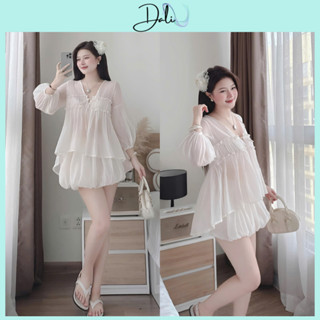 Set Babydoll 3 Món Chất Liệu Tơ Xốp Gồm Áo Tơ Cổ V Buộc Nơ + Áo Quây + Chân Váy Bí
