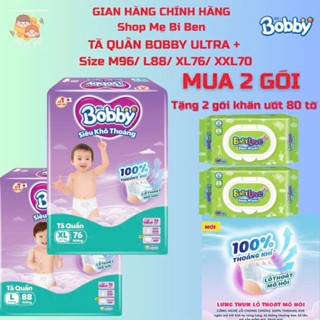 [Mua 2 gói tặng 2 khăn ướt 80] Bỉm tã Bobby Ultra cho bé Size M96 - L88 - XL76 - XXL70 - XXXL29+4 miếng