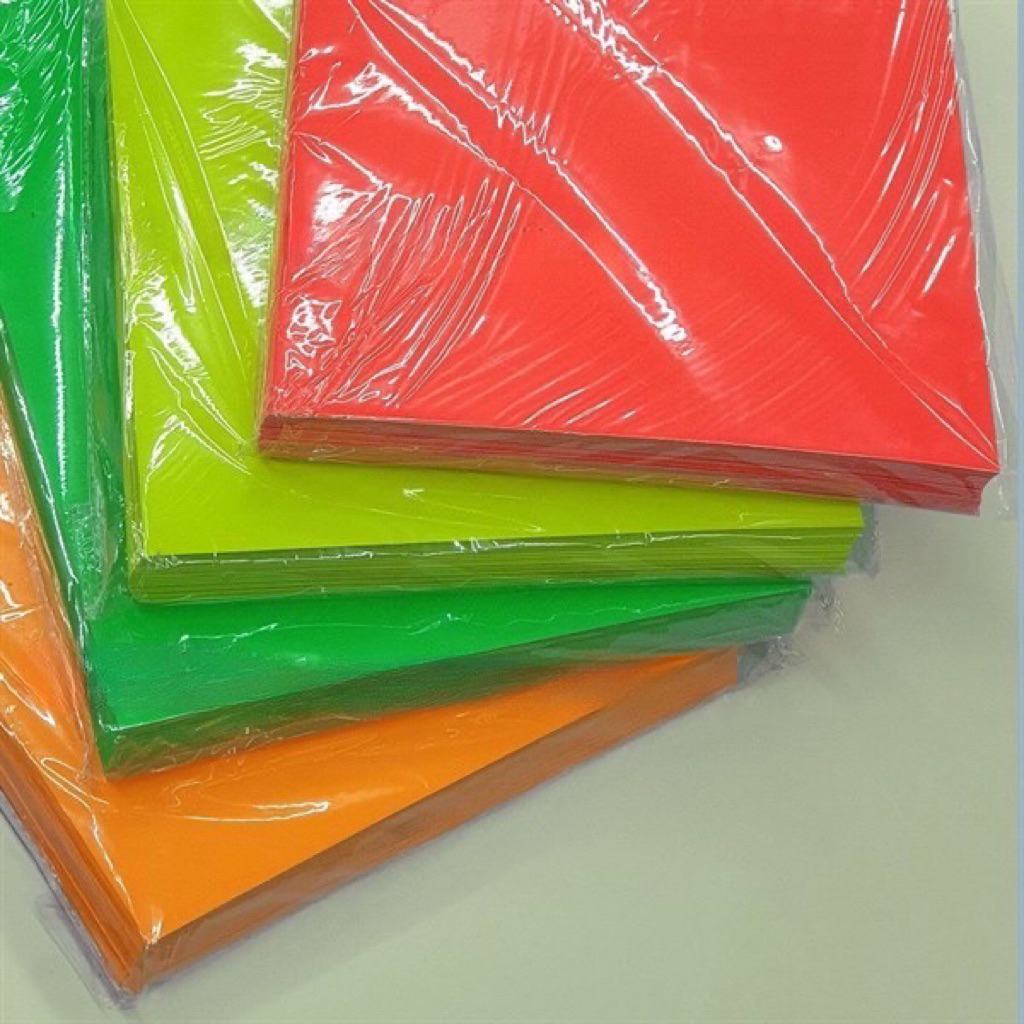 Giấy Decal màu dạ quang A4 màu xanh lá, vàng, cam, đỏ