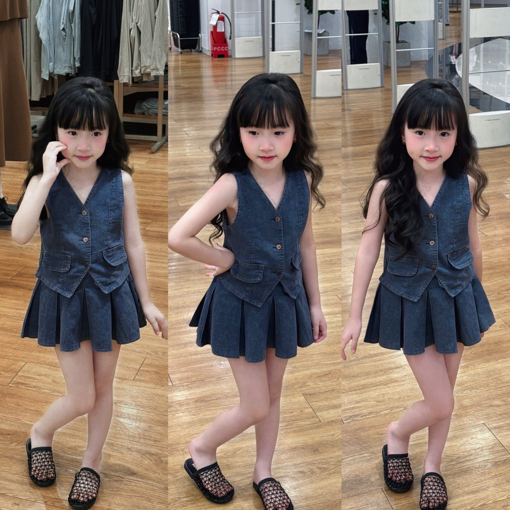 Set áo gile bò kèm chân váy bò xếp ly cho bé gái, váy jean cho bé,TPKIDS,[M1095]