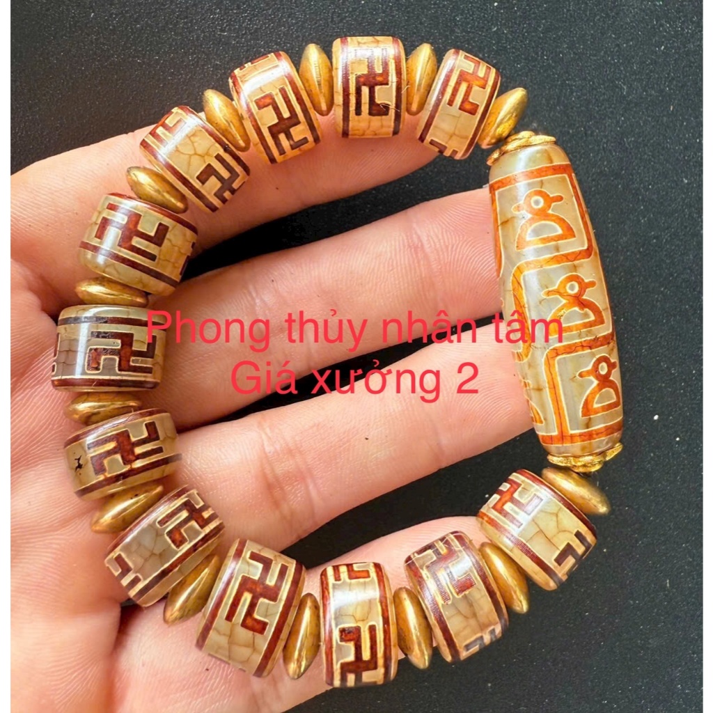 Vòng tay Dzi chữ vạn mix thần tài sdep