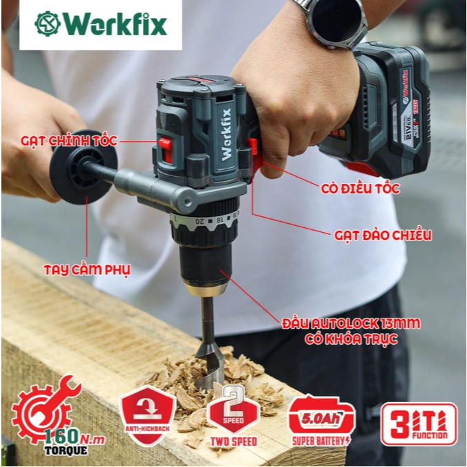 Máy khoan pin WORKFIX WF-ID160AK Anti-kickback, Lực siết 160Nm, Động cơ Không chổi than