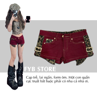 A14 - Quần short jean đỏ đô phối beo báo vàng lưng thấp đùi ngắn cạp trễ ôm mông kaki cá tính đi nhảy dance trendy đẹp 