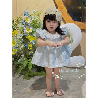 [Độc Quyền HANA KIDS x EMMY] Váy Đầm Gấm Xanh Cổ Sen Phối Ren - Váy Gấm Tết/Trung Thu/Đi Tiệc Cho Bé Gái - GẤM XANH