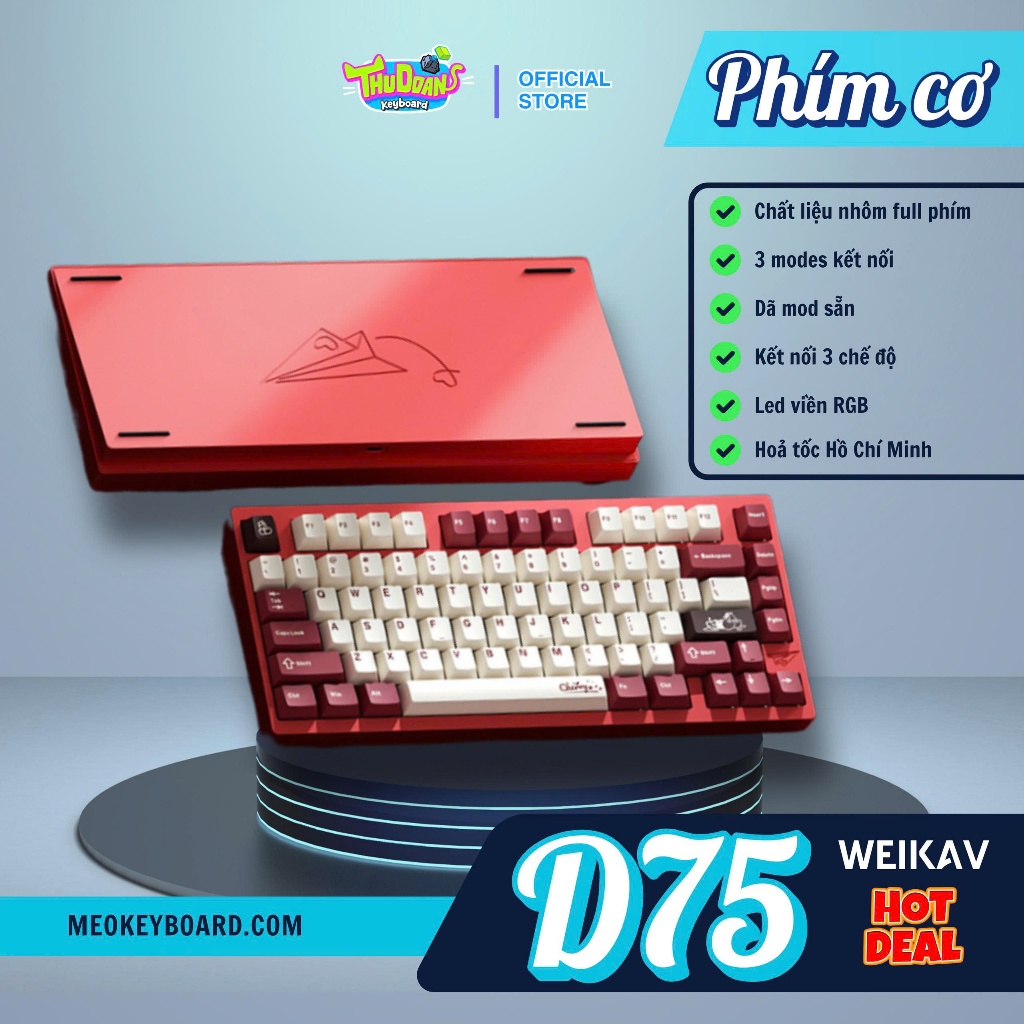 [Hoả Tốc] Bàn Phím Nhôm Weikav D75 | 3 Modes Kết Nối | LED RGB | Mạch Xuôi Hotswap 5 Pin | Gasket Mo