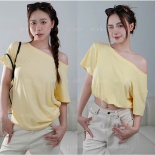 Áo Thun Nữ Dáng Rộng Lệch Vai By.Billy, Áo Cộc Tay Cổ Lệch Chất Mỏng Nhẹ, Dáng Dài Và Croptop, Co Giãn Dễ Phối Đồ