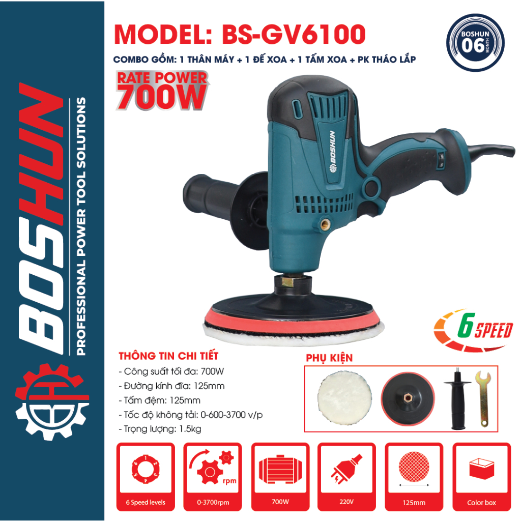 Máy Đánh Bóng BOSHUN BS-GV6100, Công Suất 700W, 6 Cấp Độ Chỉnh Tốc Độ, Đường Kính Đĩa 125mm