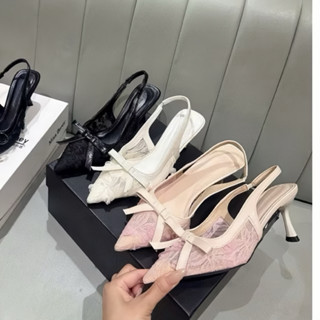 C111-Giày cao gót ren hoa hồng TUYẾT LÊ gót nhọn 6p- Giày Slingback mũi nhọn thêu ren mềm nhẹ hotrend