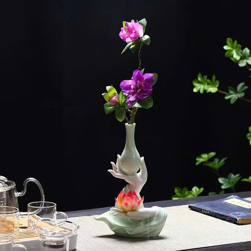 Bình Hoa Cam Lồ, Bình Tay Phật Sen Hồng, Trang Trí Ban Thờ, Bàn Trà, Hoa Sen Hồng Cắm Nhang