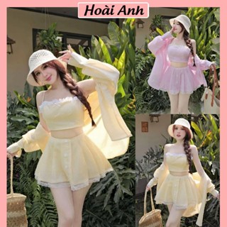 Set Bộ Đồ Nữ 3 Món Kẻ Sọc Áo Sơ Mi Kẻ Thô Dài Tay Viền Ren Kèm Áo 2 Dây Có Đệm Mút Mix Chân Váy Xếp Ly Đính Cúc