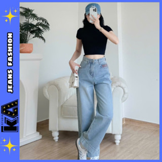 ( Nấm Lùn Siêu Xinh ) Quần Jeans Suông Nữ Chất Jeans Bò Mềm Mịn Phối Túí Thêu , Lai Bản To Thời Trang MS 215