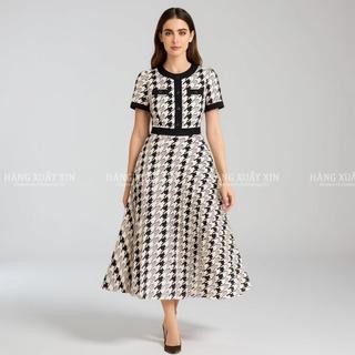 Đầm váy midi xếp ly họa tiết zic zac hàng xuất dư xịn vải mềm đẹp, co giãn thoải mái