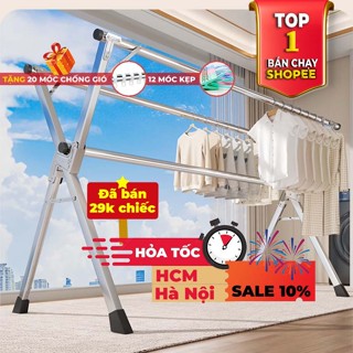 Sào Phơi Quần Áo ( NEW) giàn phơi Tặng 20 móc chống bay 12 móc kẹp, Giá INOX Gấp Gọn, Treo Đồ Thông Minh Dạng Cây