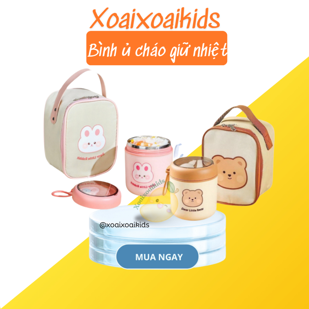 Bình ủ cháo, giữ nhiệt lõi inox 304 TEDEMEI 530ml kèm muỗng, Hộp đựng thức ăn cho bé, đựng cơm văn phòng 2 lớp