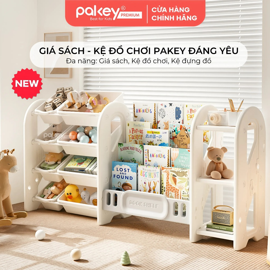 [NEW 2025] Kệ Đựng Sách Và Đồ Chơi Cho Bé PAKEY, Giá Sách 4 Tầng, Kệ Đồ Chơi Nhiều Hộc Trẻ Em