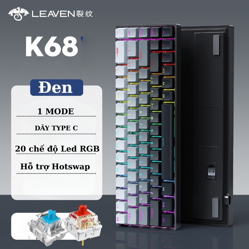 Bàn phím cơ cắm dây Leaven K68 - 1mode  - Led RGB - Có hot-swap - Keycap Xuyên LED - Có APP tùy chỉnh | BigBuy360 - bigbuy360.vn