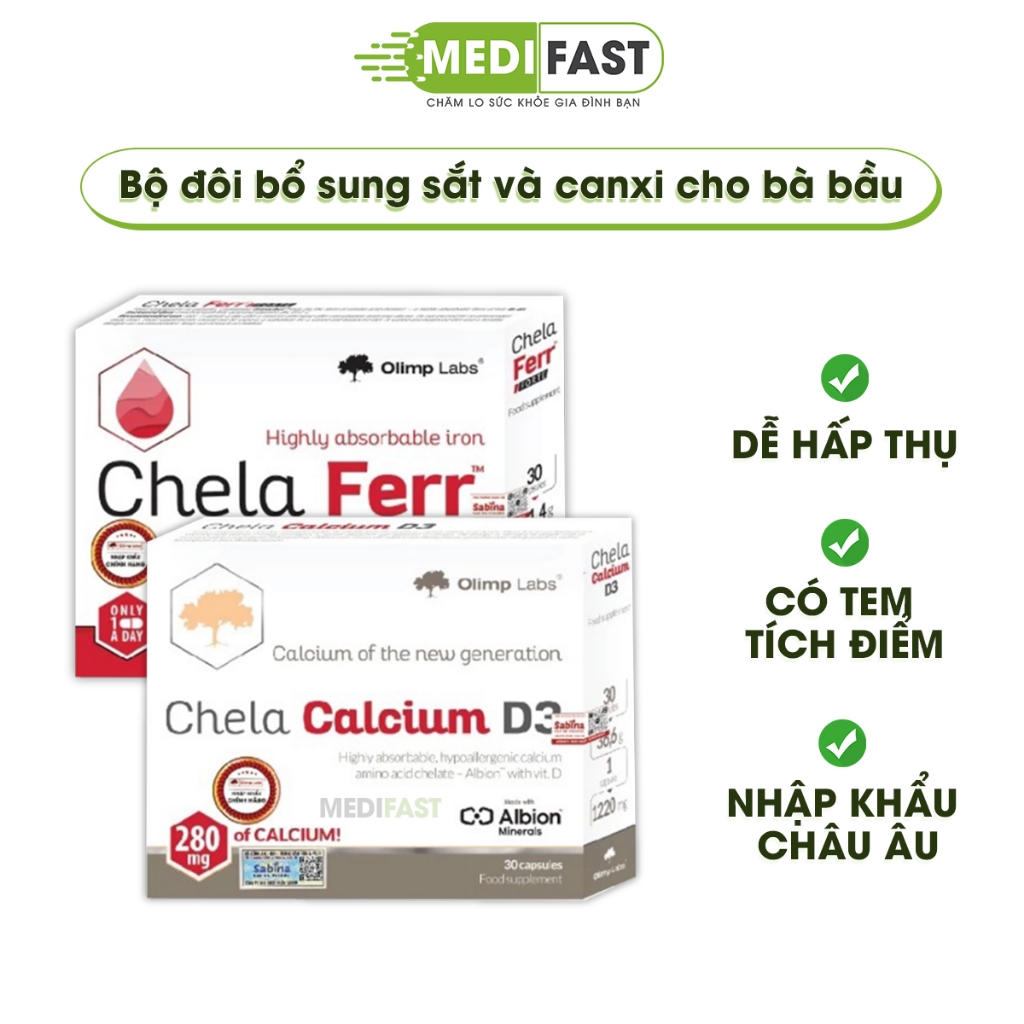 Sắt Chela Ferr Forte Và Canxi Chela-Calcium D3 (Olimp Labs) bổ sung vitamin cho mẹ bầu trước và sau 