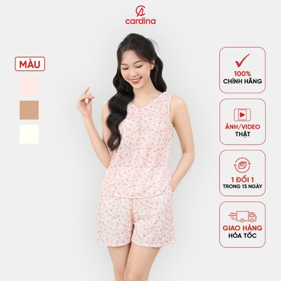 Bộ đồ nữ CARDINA chất thô thêu hoa dáng sát nách cổ tim quần đùi trẻ trung nữ tính 5BON03