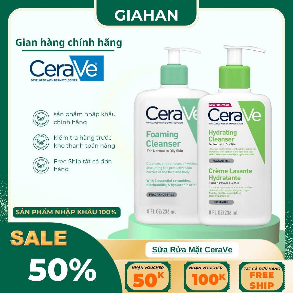 Sữa rửa mặt Cerave Foaming Cleanser, Hydrating Cleanser, SA Cleanser Cho Da Dầu Mụn 236ml