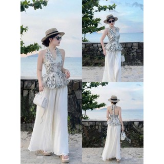  Set bộ thời trang Nữ áo lụa cổ yếm cột dây hoạ tiết thời thượng mix quần dài ống rộng chất tơ bay nhẹ mặc cực sang 