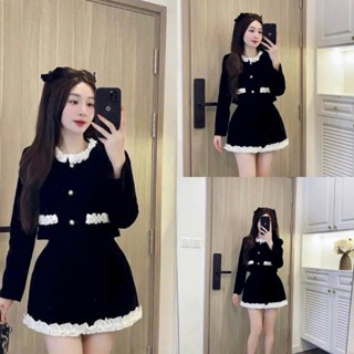 Set váy thời trang Nữ style tiểu thư chất NHUNG cao cấp áo lửng dài tay cổ tròn mix chân váy chữ A dáng ngắn siêu cưng
