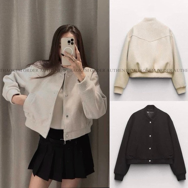 Áo Khoác Nữ Bomber Croptop Chất Dạ Ép 2 Lớp Cao Cấp Logo Thêu Có Cúc Bấm Chuẩn Form Hàn Quốc Cực Hót