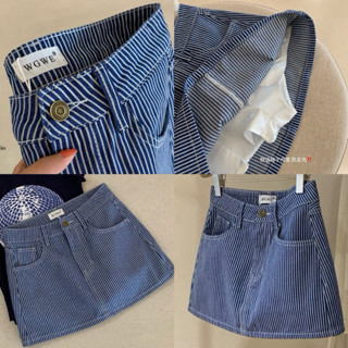  Chân Váy Kẻ Sọc Xanh WGWE 5665 Chữ A Ngắn Lót Quần Basic 