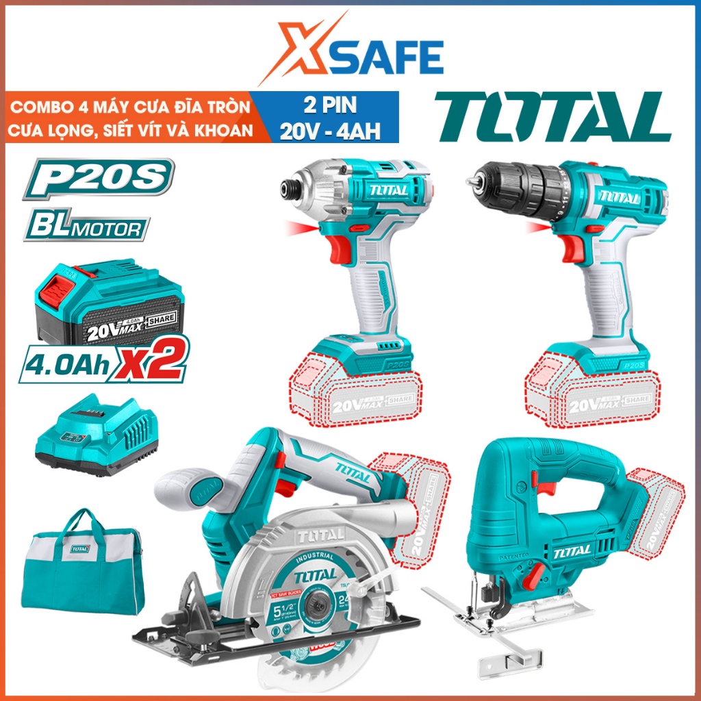 Combo máy cưa đĩa tròn, cưa lọng, máy siết vít & máy khoan TOTAL TCKLI20104 - XSAFE