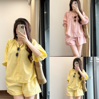 Set Bộ Sơ Mi Linen Nữ Màu Vàng Nhẹ Nhàng Mix Quần Short Đũi Co Giãn Mặc Đi Chơi Umistore