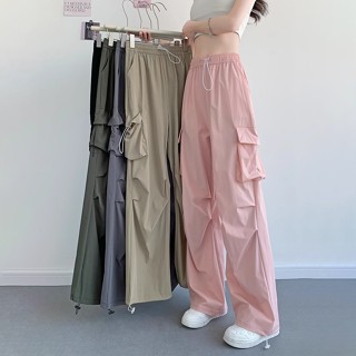 Quần túi hộp nữ KUOSE ống rộng vải kaki có dây rút màu đen, hồng, trắng form rộng oversize bigsize