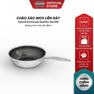 Chảo Xào Chống Dính Sunhouse Healthy Công Nghệ Hybrid Inox Liền Khối Size 28cm, Dùng Được Bếp Từ - IN26-28M8