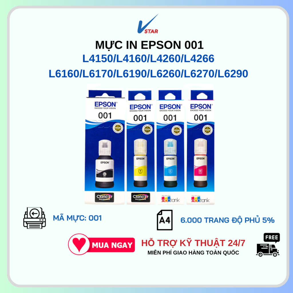 Mực In Epson 001 chính hãng dùng cho máy L4150/L4160/L6160/L6170/L6190/L4260/L4266/L6260/L6270/L6290