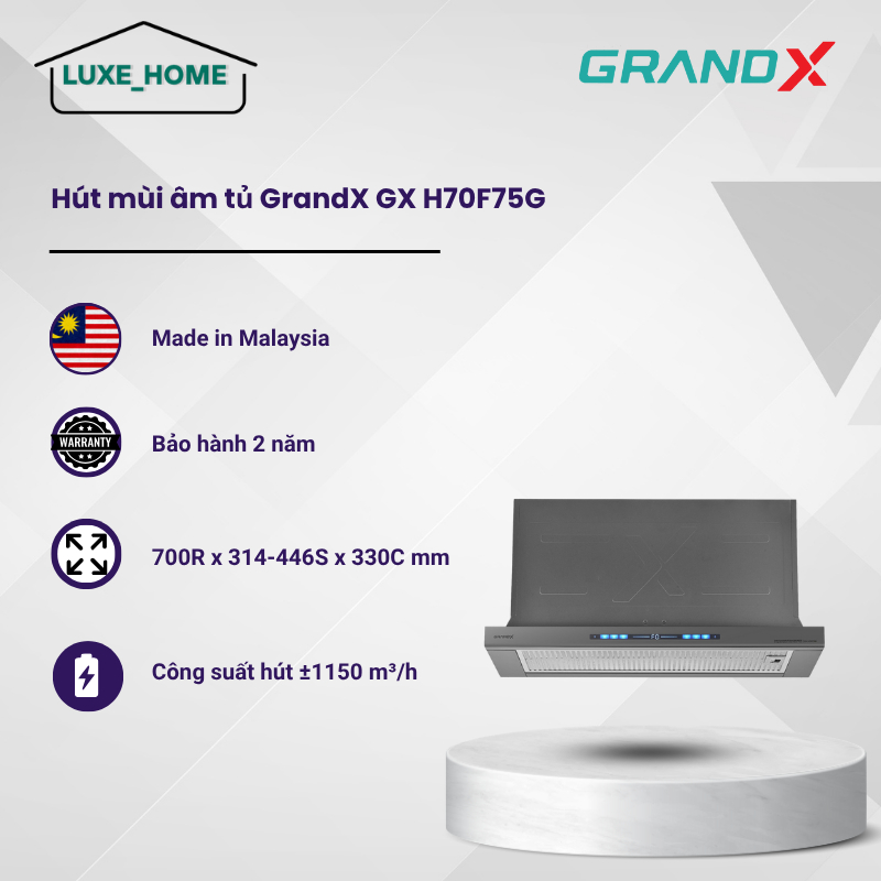 Máy Hút Mùi Âm Tủ GrandX GX H70F75G - 5 Tốc Độ - Lưới Lọc Inox Kết Hợp Aluminium - LUX