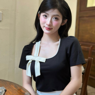 Áo Kiểu Nữ Cổ Vuông Đen Phối Nơ Trắng Ngắn Tay , Dài Tay Chilies Store Kèm Video Thật