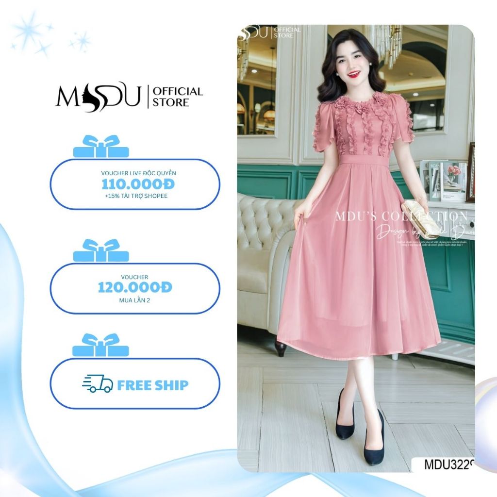 𝐙𝐢𝐧 𝐁𝐨𝐮𝐭𝐢𝐪𝐮𝐞 Váy Tiểu Thư K68-D2-2 Chất Tơ Óng Hàn  Dáng Xòe Đính Hoa  Cùng Tay Cánh Tiên MDU3229