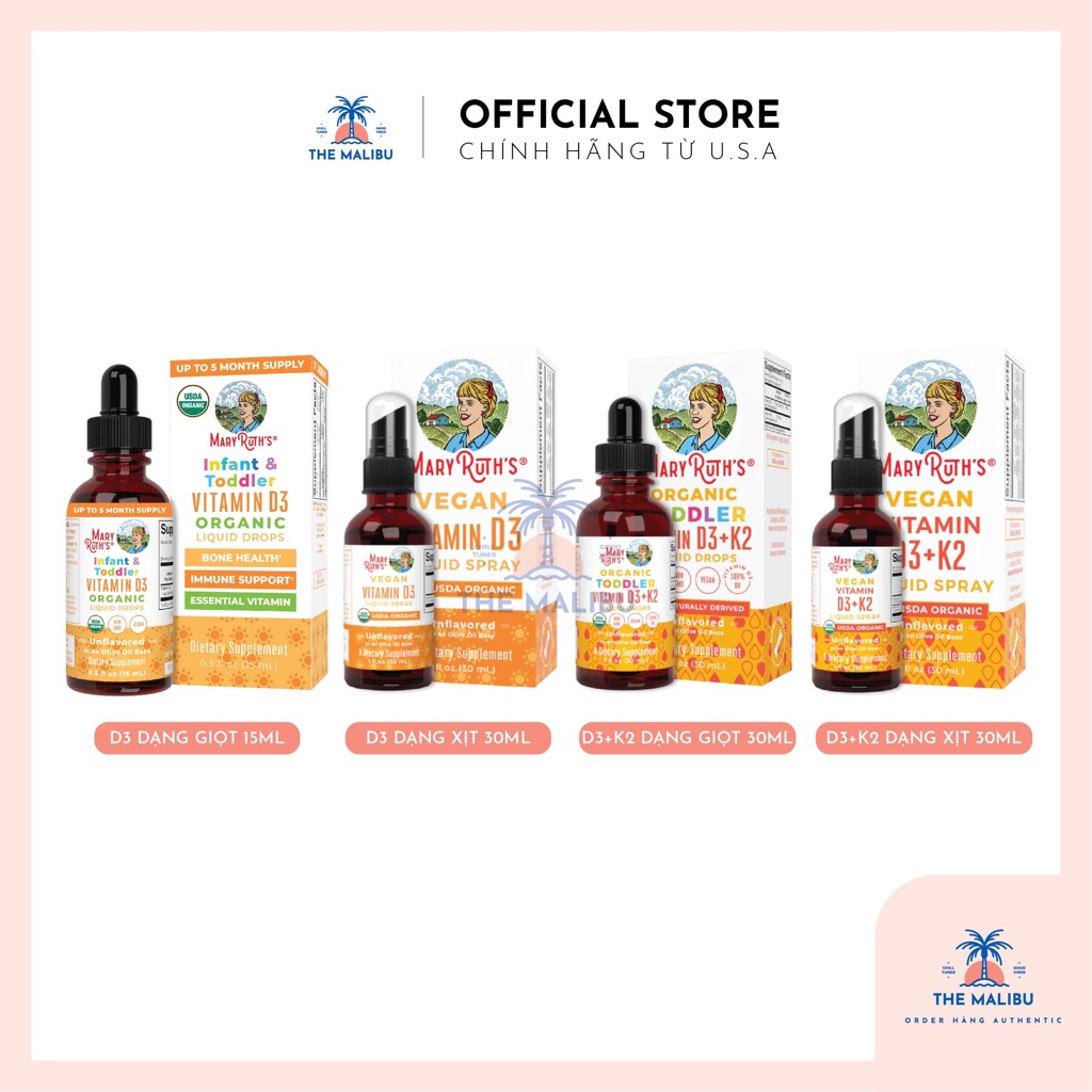 [ ĐỦ BILL - SHIP AIR ] Vitamin D3, D3K2 Hữu cơ Mary Ruth's , MaryRuth dạng giọt / xịt hữu cơ thuần c