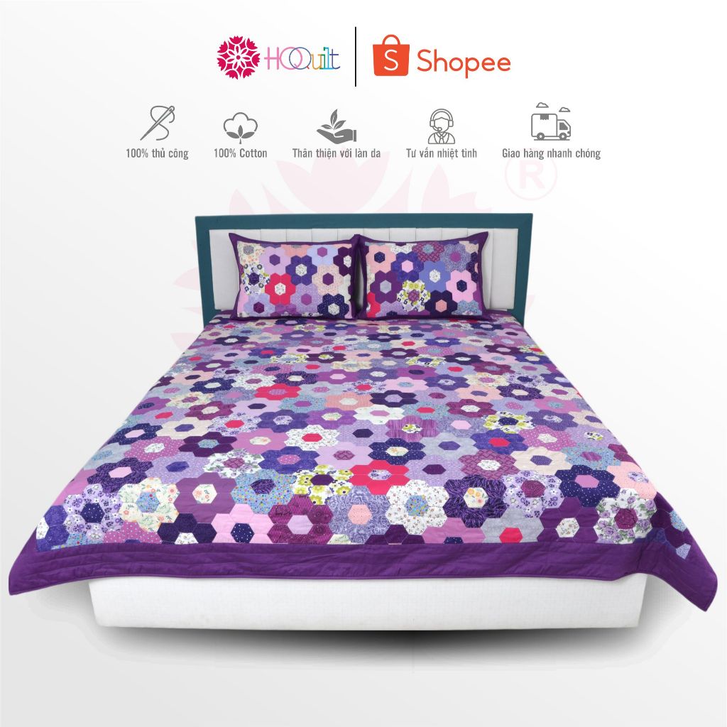 Chăn - Mền Quilt ,Mẫu Chăn Quilt Lục Giác Tím Ghép Vải Thủ Công | Chăn Handmade Phong Cách Trầm Tĩnh