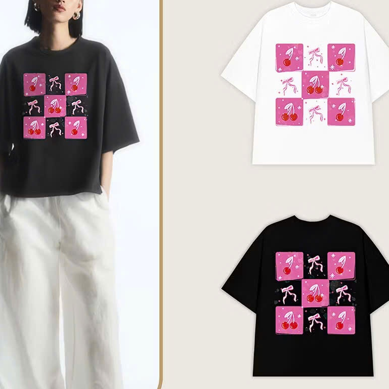 Áo Thun IN Hình Caro Nơ Hồng Tay ngắn "Basic" Unisex Nam Nữ Cổ Tròn  UT