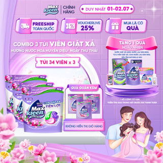 [TẶNG 12 VIÊN] Combo 3 Túi Viên Giặt Xả MaxKleen Hương Ngẫu Nhiên (Túi 34+4 Viên)